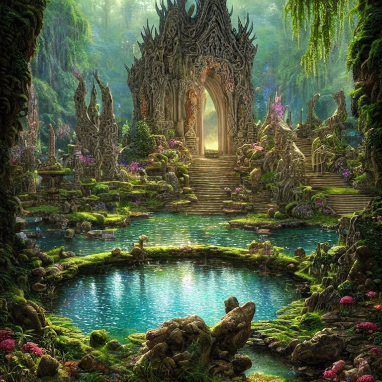 Fantasy temple in lush forest with serene pond
