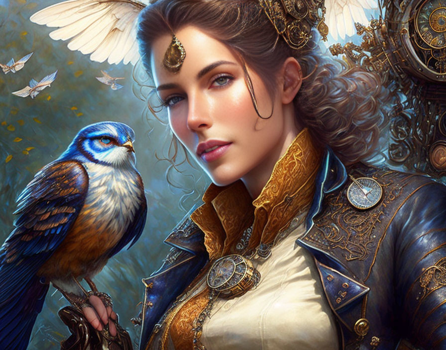 Fantastical portrait of a woman with golden jewelry and mechanical wings, accompanied by a blue bird.
