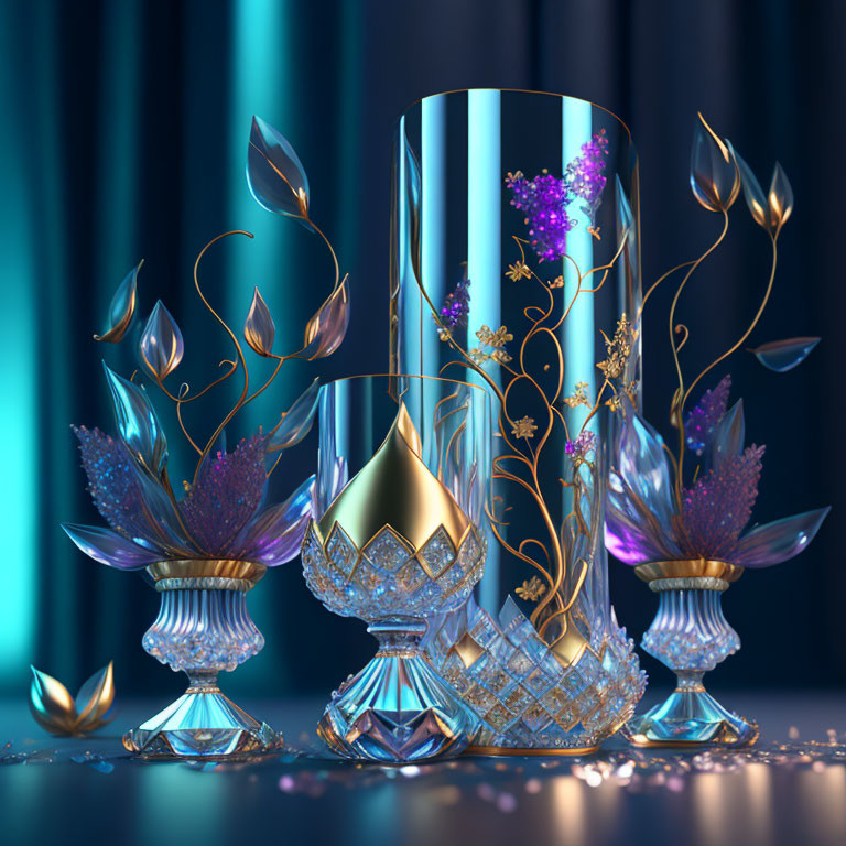 Elegant glassware with gold detailing and sparkling petals on reflective surface