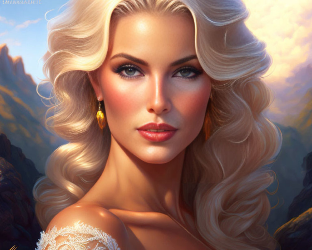 Digital Artwork: Woman with Blonde Hair, Blue Eyes, and Red Lipstick in White Lace Dress
