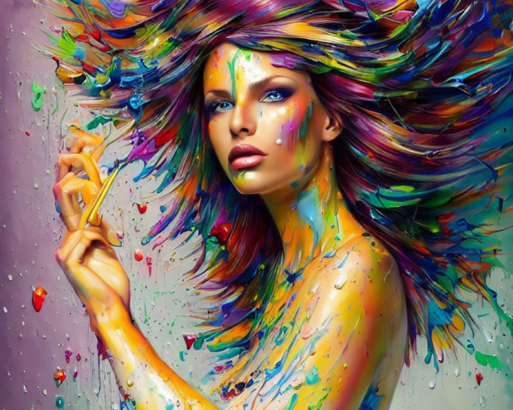 Colorful Portrait of Woman with Paint Splashes and Intense Gaze
