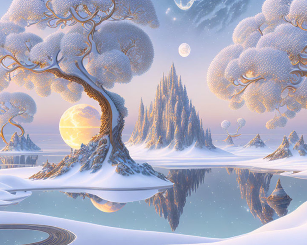 Snow-covered fantasy landscape with trees, mountains, lake, and celestial bodies