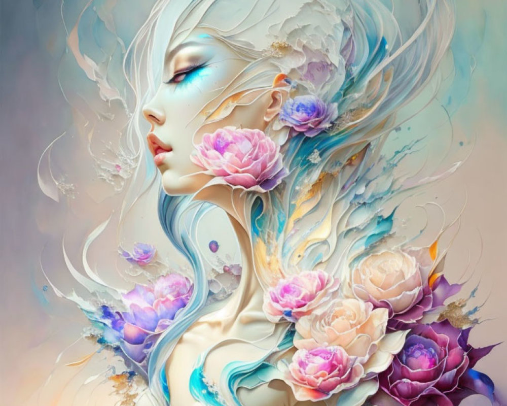 Fantasy illustration of pale-skinned female with elfin features and swirling hair adorned with pastel roses