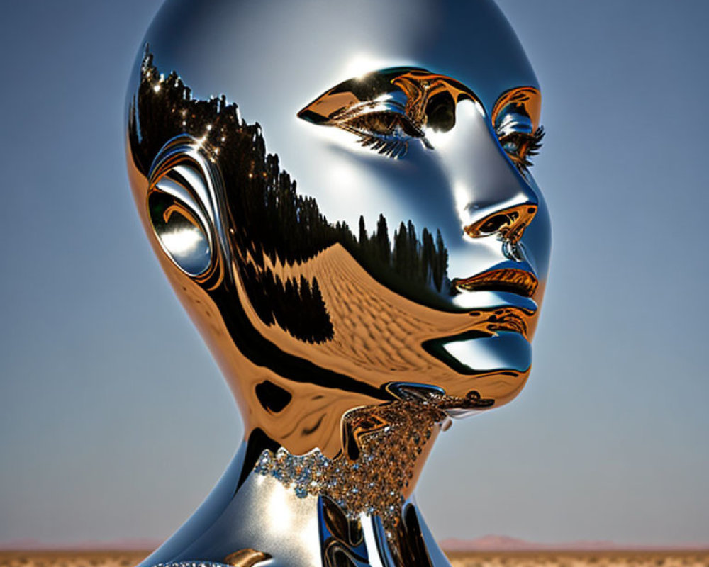 Reflective Chrome Humanoid Head with Distorted Landscape Features Against Desert Background