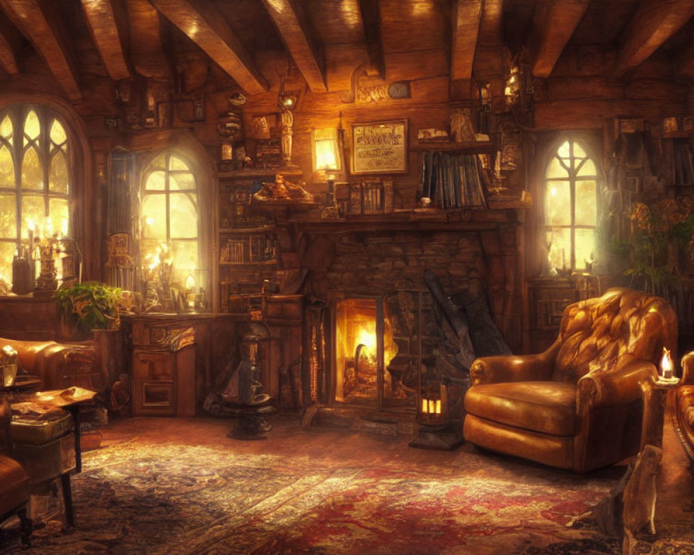 Medieval-style interior with leather armchairs, stone fireplace, Gothic windows, books & candles