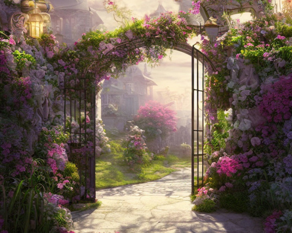 Enchanting garden path with flower-covered archway to quaint village in warm sunlight