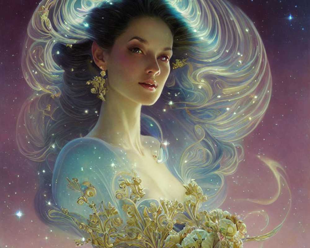 Portrait of a woman with galaxy hair and golden ornaments gazing at stars holding bouquet