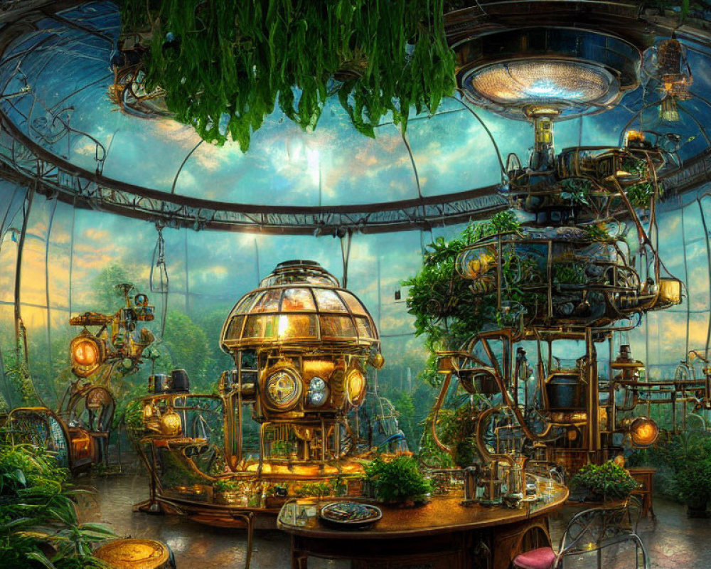 Steampunk-style greenhouse with mechanical devices, lush greenery, glass dome.