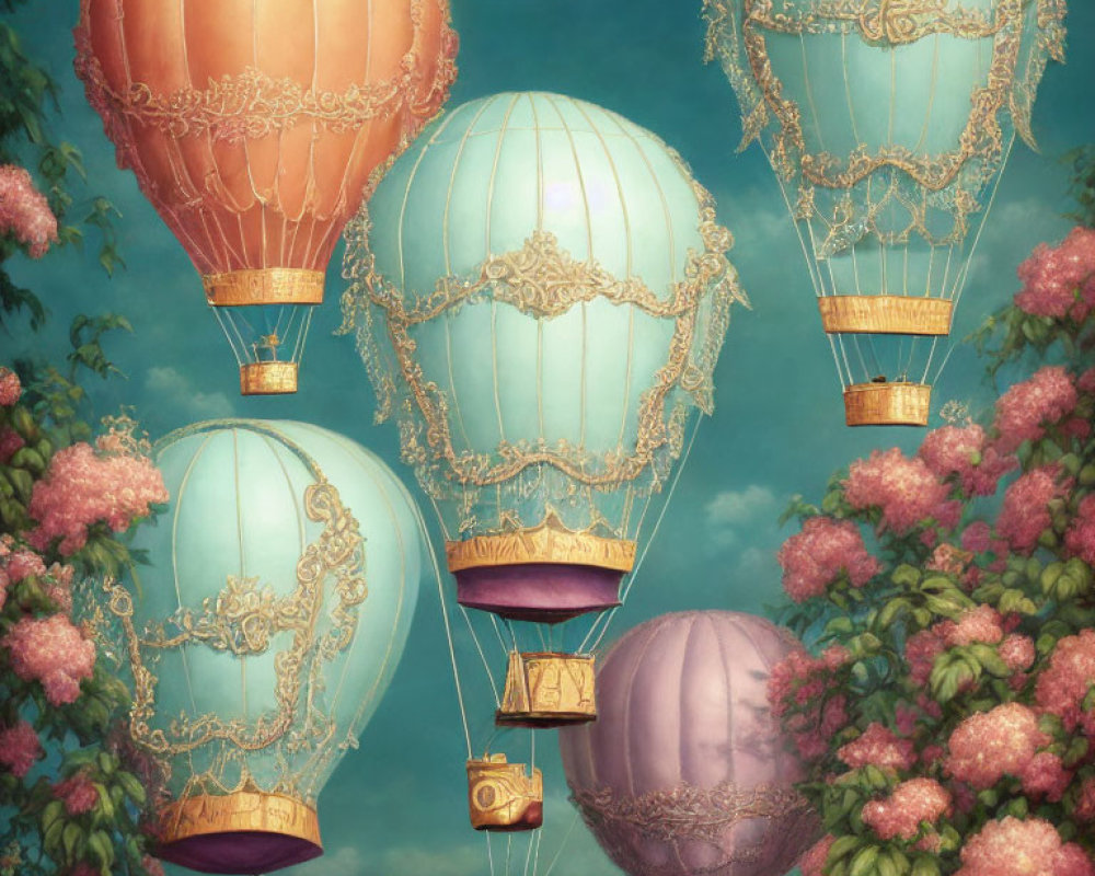 Ornate hot air balloons float among pink flowery trees