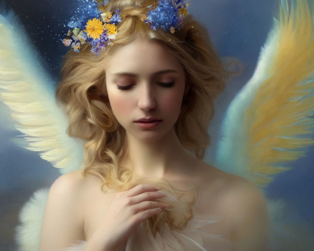 Tranquil figure with angelic wings and floral crown in soft glow