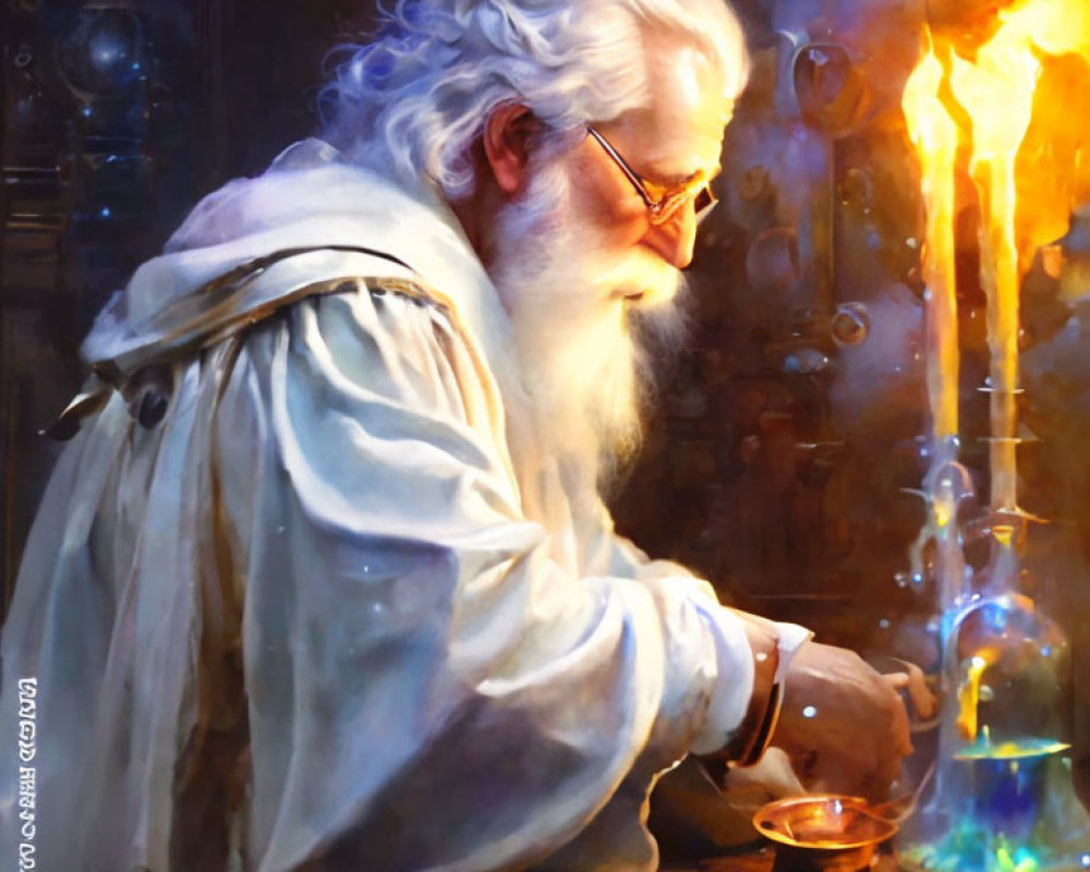 Elderly man in white robe conducts colorful flame experiment