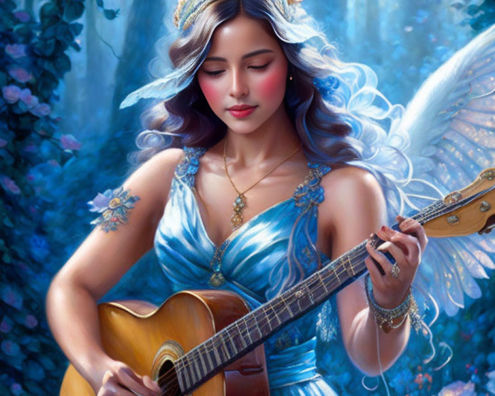 Angel playing guitar in serene floral setting