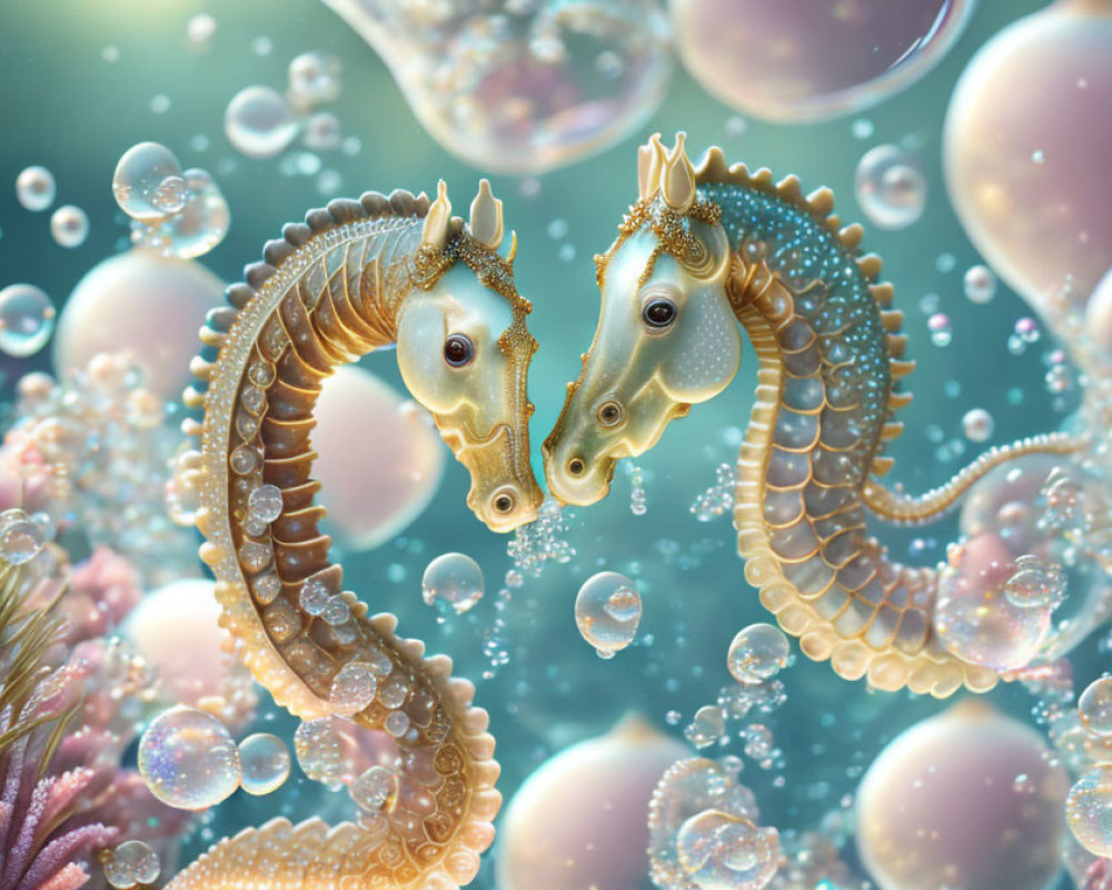 Two Seahorses Embraced in Underwater Scene