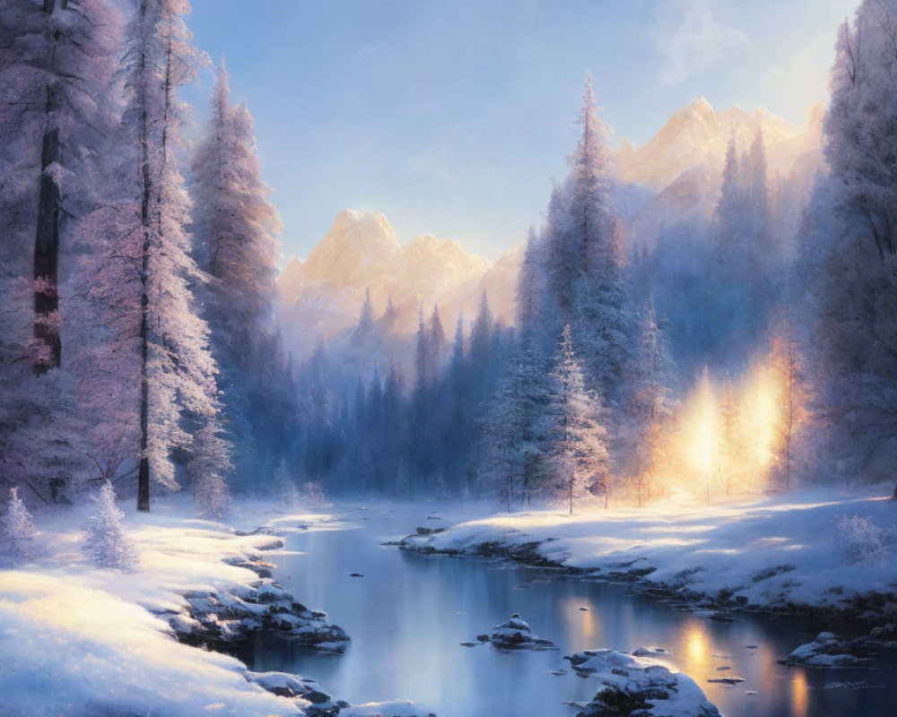 Snow-covered trees and calm river in serene winter landscape