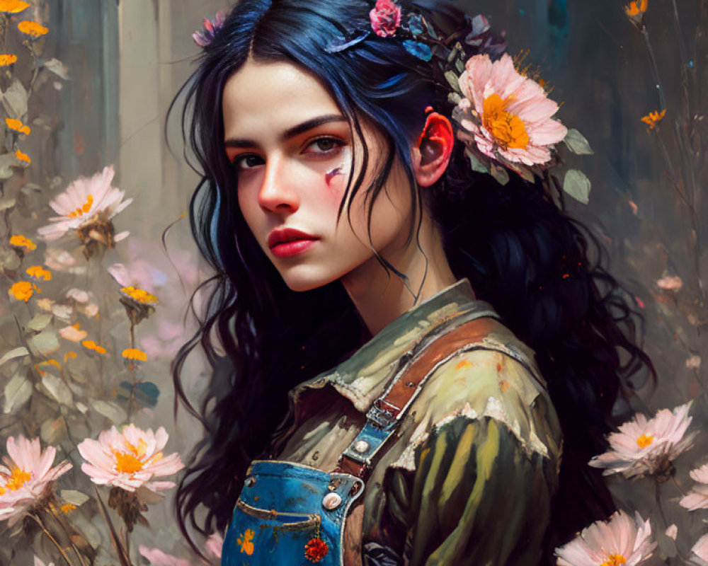 Digital Art: Woman with Dark Hair, Blue Highlights, Pink Flowers, Teardrop Gem