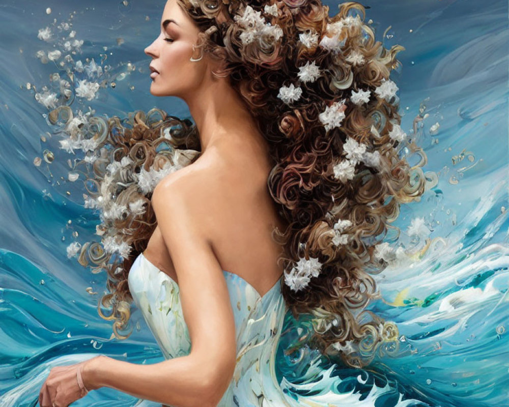 Woman with Flowers in Hair Merges with Wave in Artistic Representation