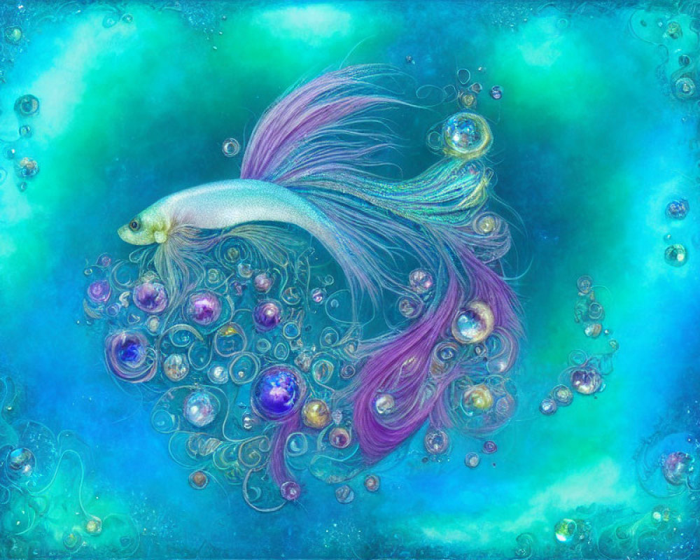 Colorful Fish with Purple Tendrils and Gem-like Orbs in Teal Aquatic Scene