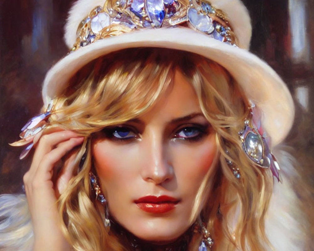 Portrait of Woman with Striking Blue Eyes and Luxurious White Hat