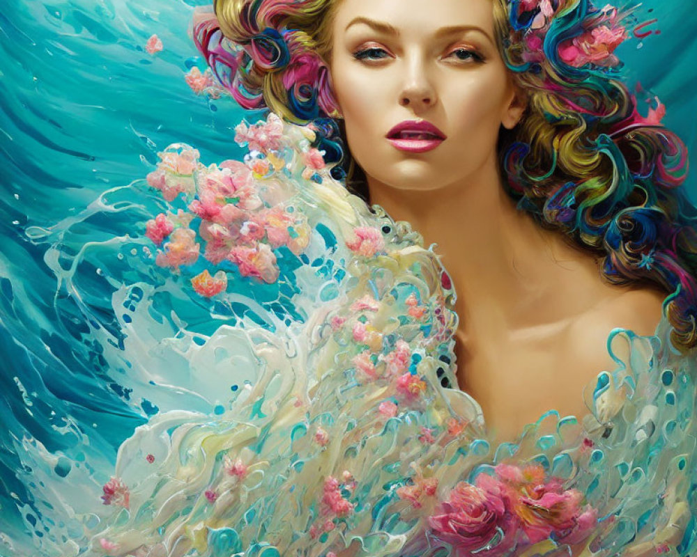Woman Surrounded by Water, Flowers, and Colorful Swirls