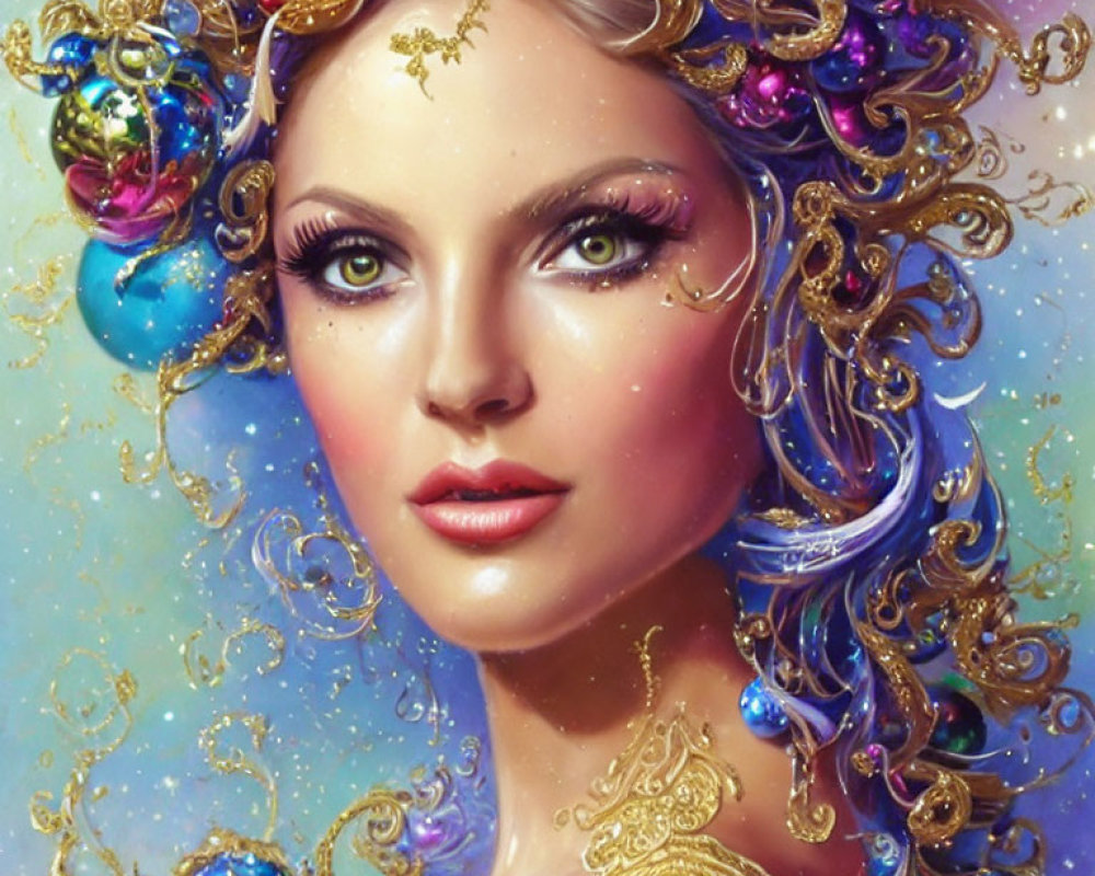 Fantasy portrait of a woman with golden hair ornaments & celestial backdrop