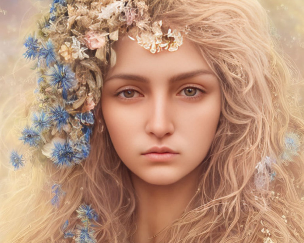 Woman portrait with floral headpiece, golden adornment, and intense gaze