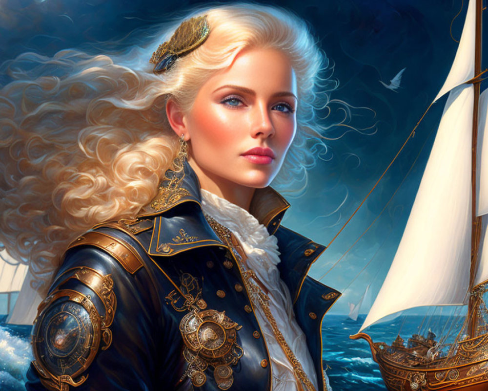 Illustration of a blonde female in navy uniform by the sea with a sailing ship.