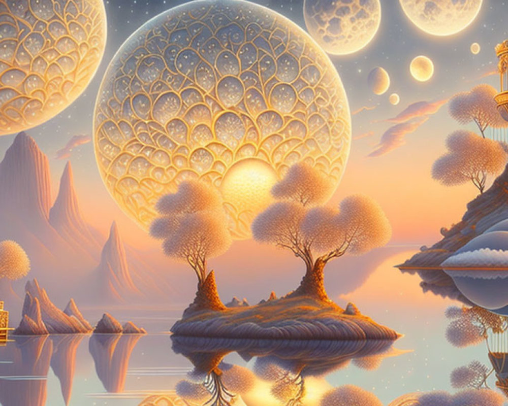 Fantasy landscape with floating islands, ornate buildings, multiple moons, and warm orange sky