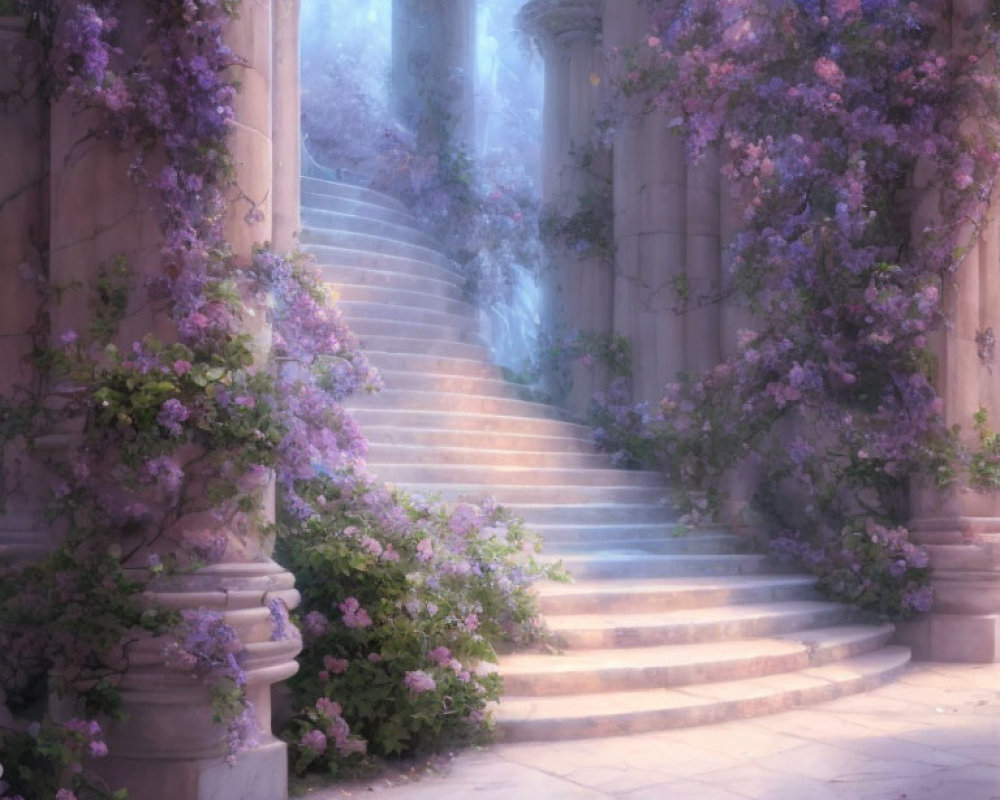 Enchanting stairway with purple wisteria and ethereal light