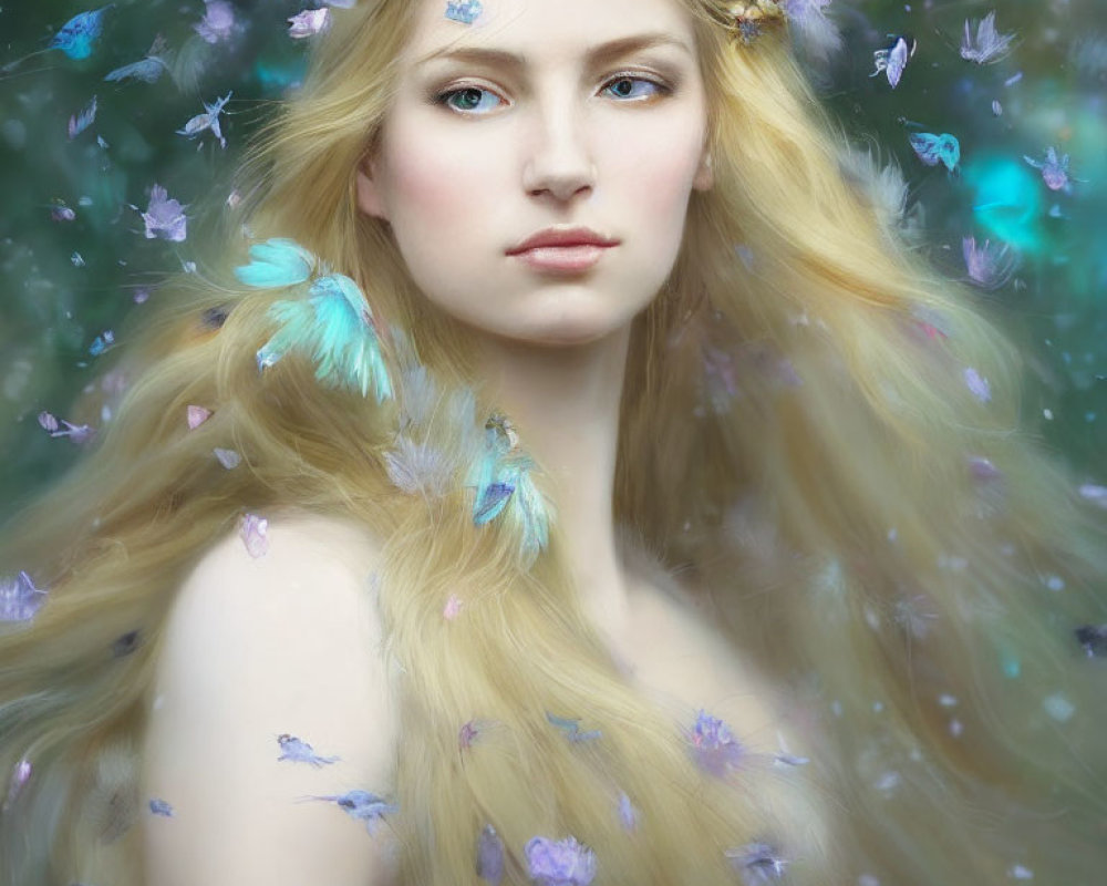 Blonde woman with floral crown surrounded by butterflies