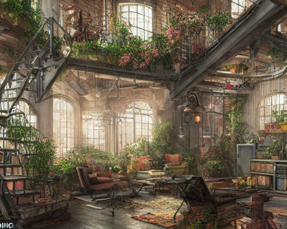 Industrial-style room with exposed brick, greenery, vintage furniture, elegant staircases, and large windows