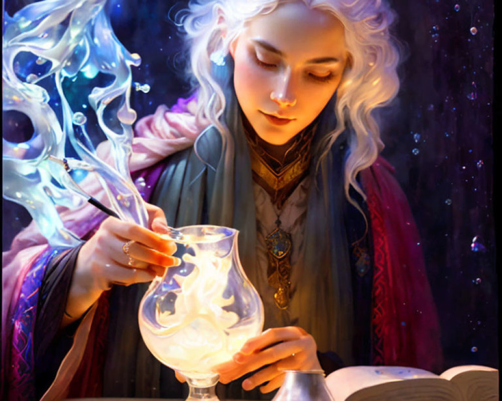 White-Haired Figure Enchanting Glowing Goblet in Mystical Scene