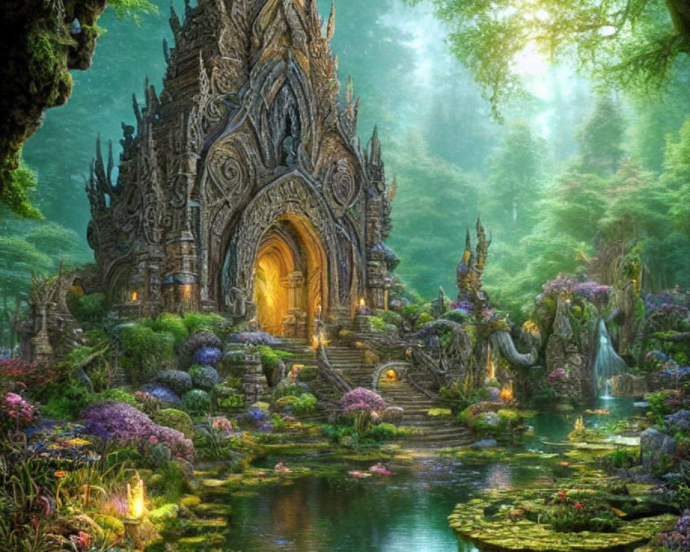 Enchanted forest temple with lush greenery and serene water