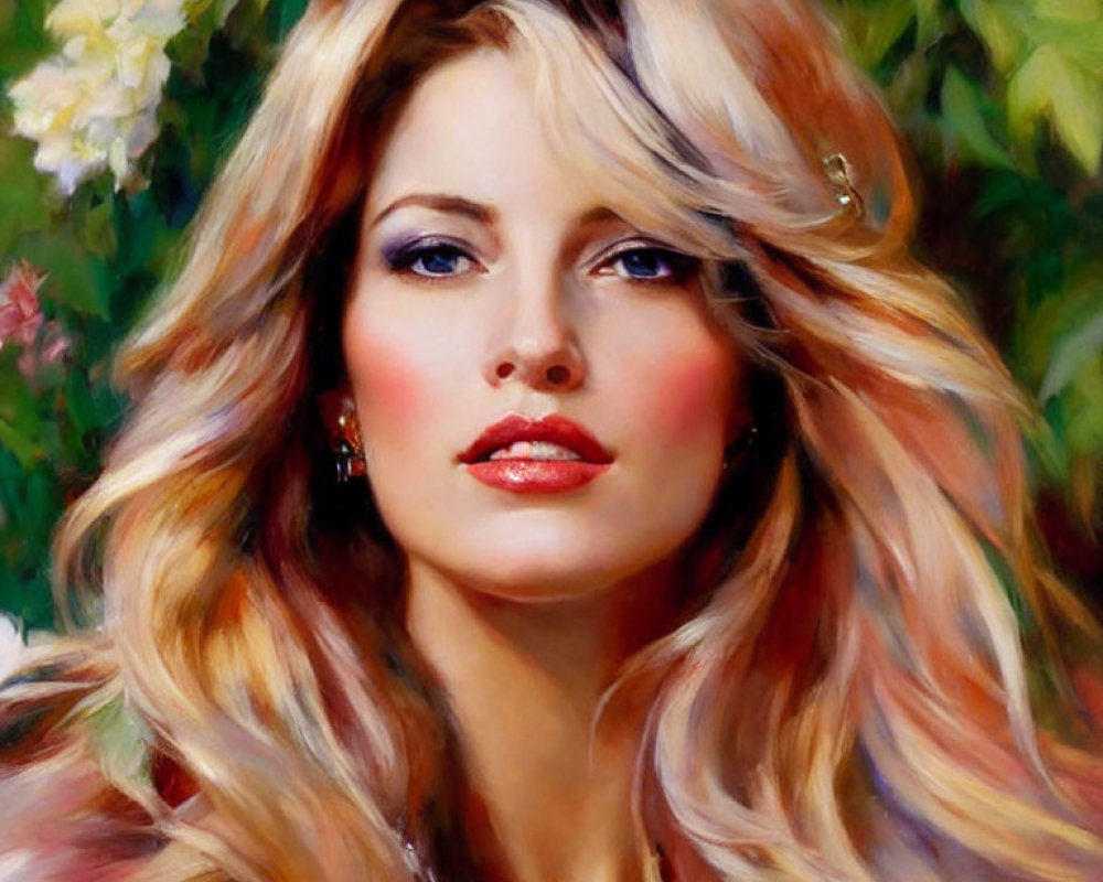 Blonde Woman Portrait with Blue Eyes and Red Lips on Floral Background
