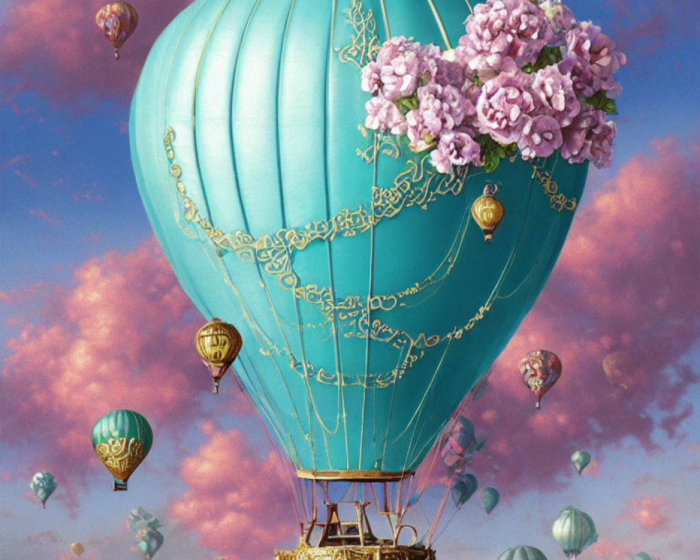 Blue and Gold Hot Air Balloon with Pink Flowers in Pink Clouded Sky