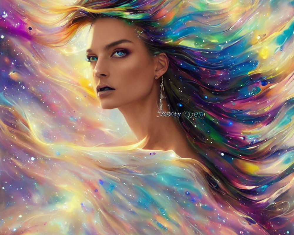 Vibrant Galaxy-Themed Hair with Striking Blue Eyes