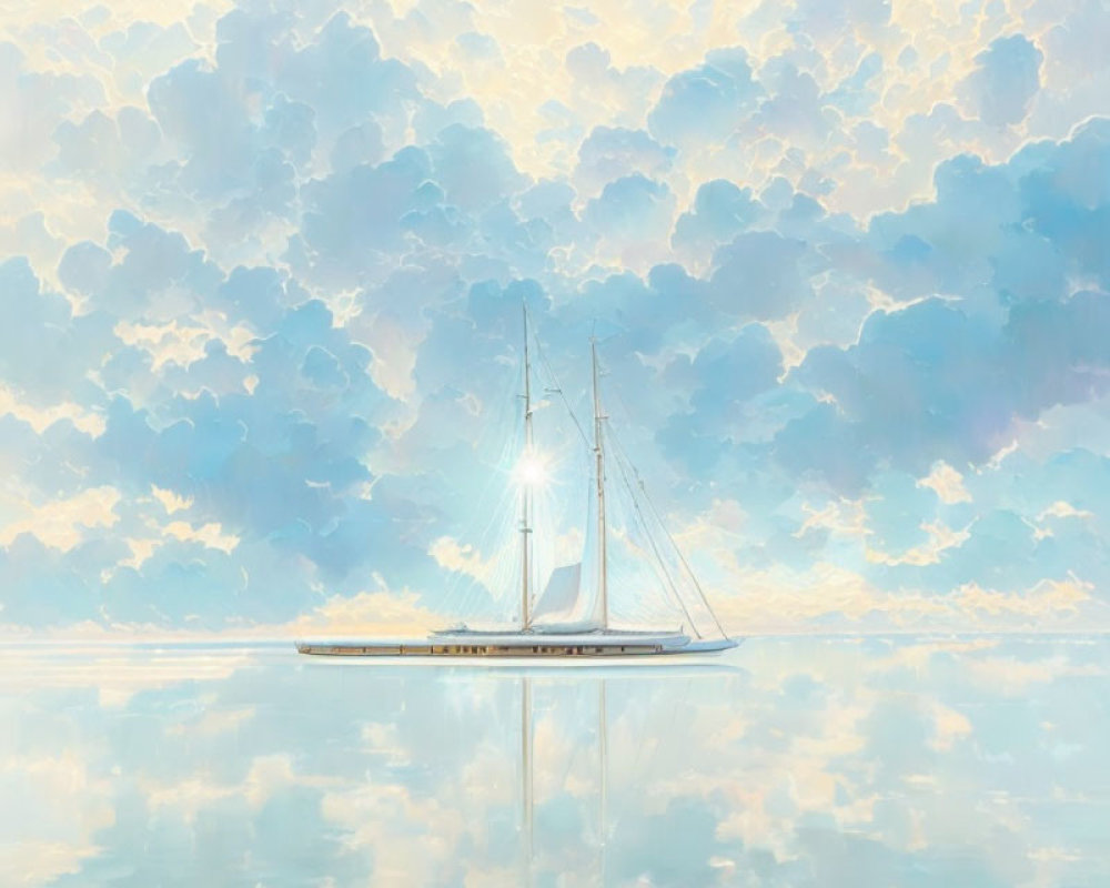 Sailboat on calm waters under vast sky with fluffy clouds