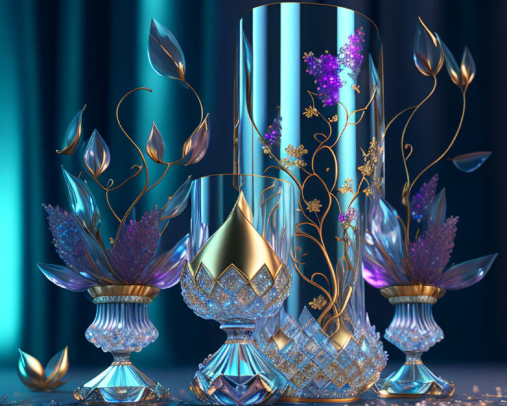 Elegant glassware with gold detailing and sparkling petals on reflective surface