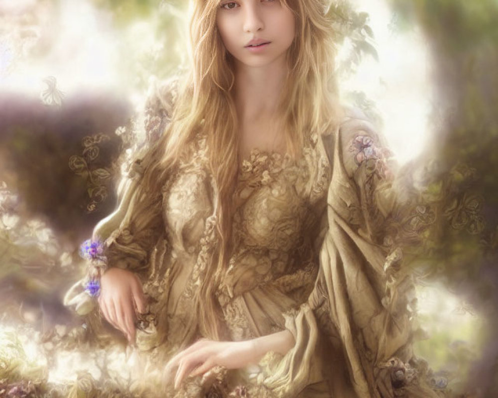 Young woman with floral crown in vintage golden dress in enchanted forest