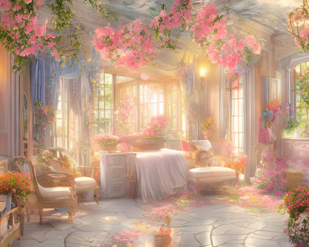 Sunlit Room with Pink Flowers and Elegant Decor