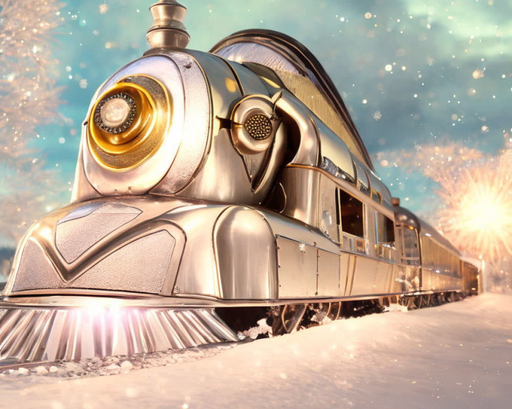 Vintage Silver Train in Snowy Sunset Landscape