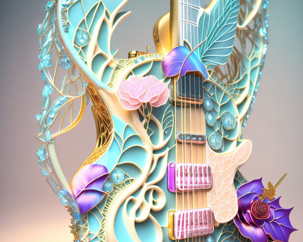 Ornate Guitar with Floral and Butterfly Motifs on Ombre Background