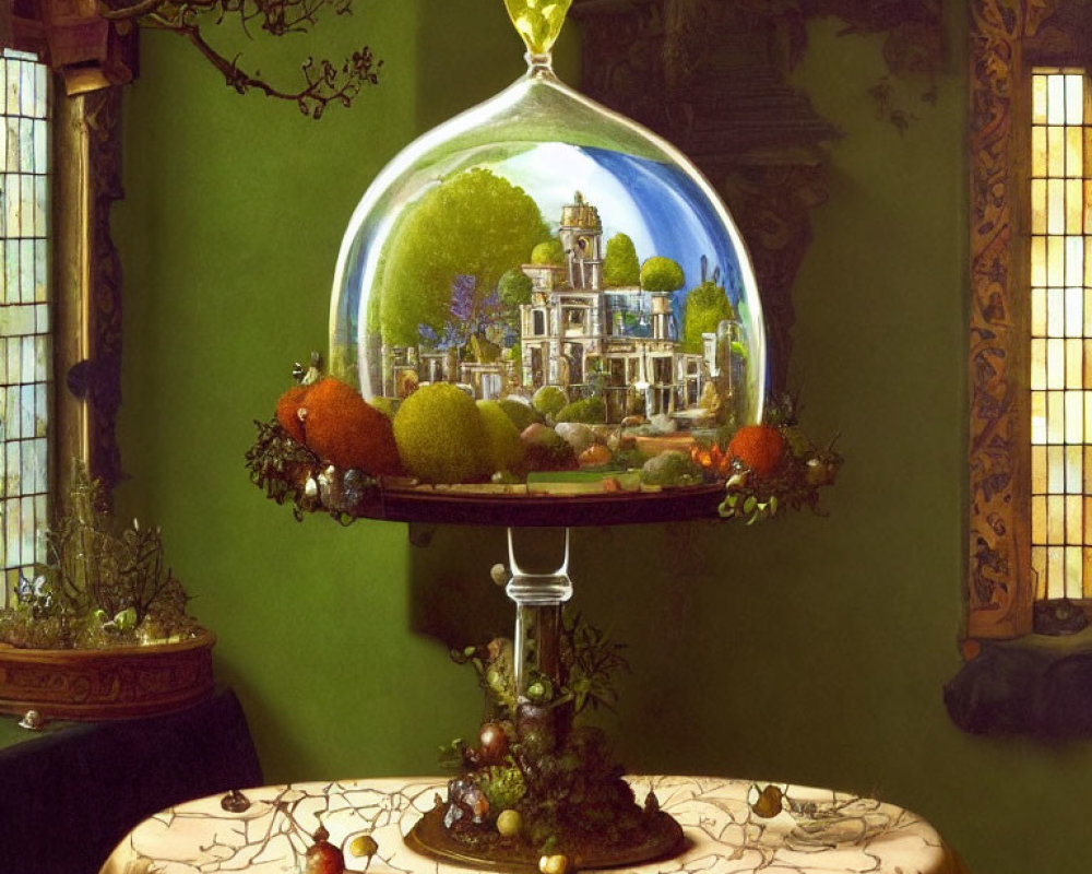 Classic still life painting: glass dome, classical building, fruits, detailed table, warm lighting
