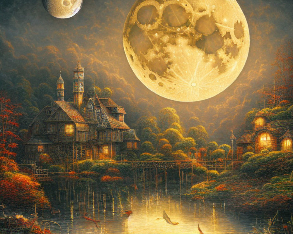 Detailed old house by a lake under a vivid moon