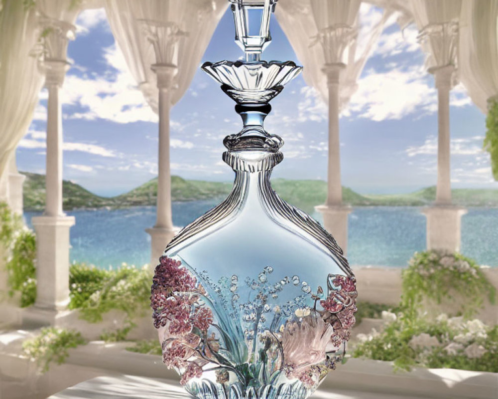 Ornate glass perfume bottle with floral designs on table with classical columns and serene lake view