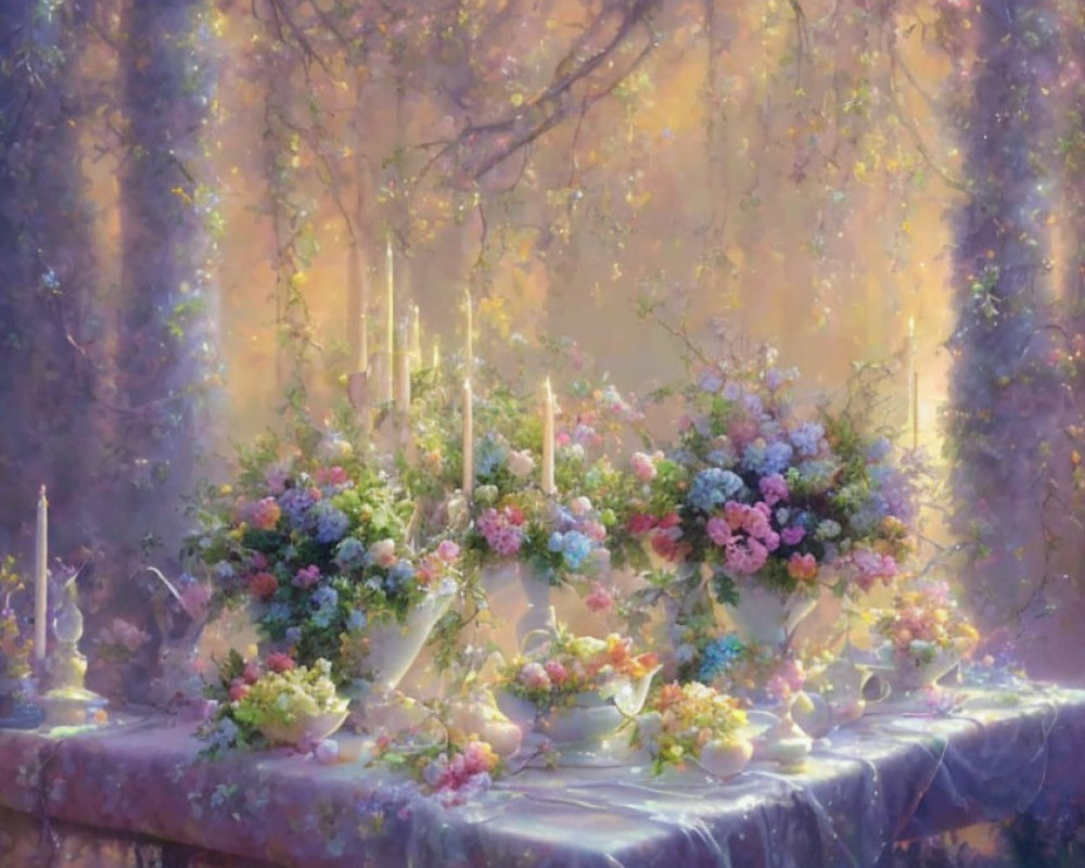 Ethereal forest table with floral arrangements and candles