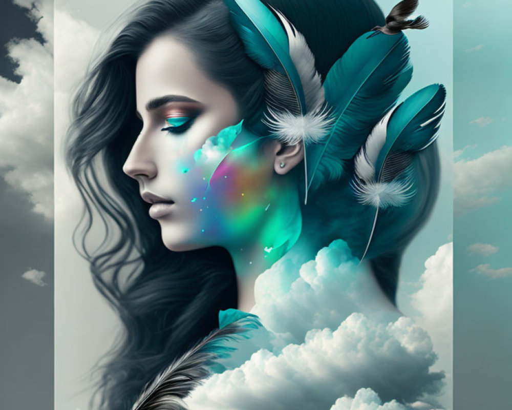 Woman's profile merged with feathers and celestial elements on sky background