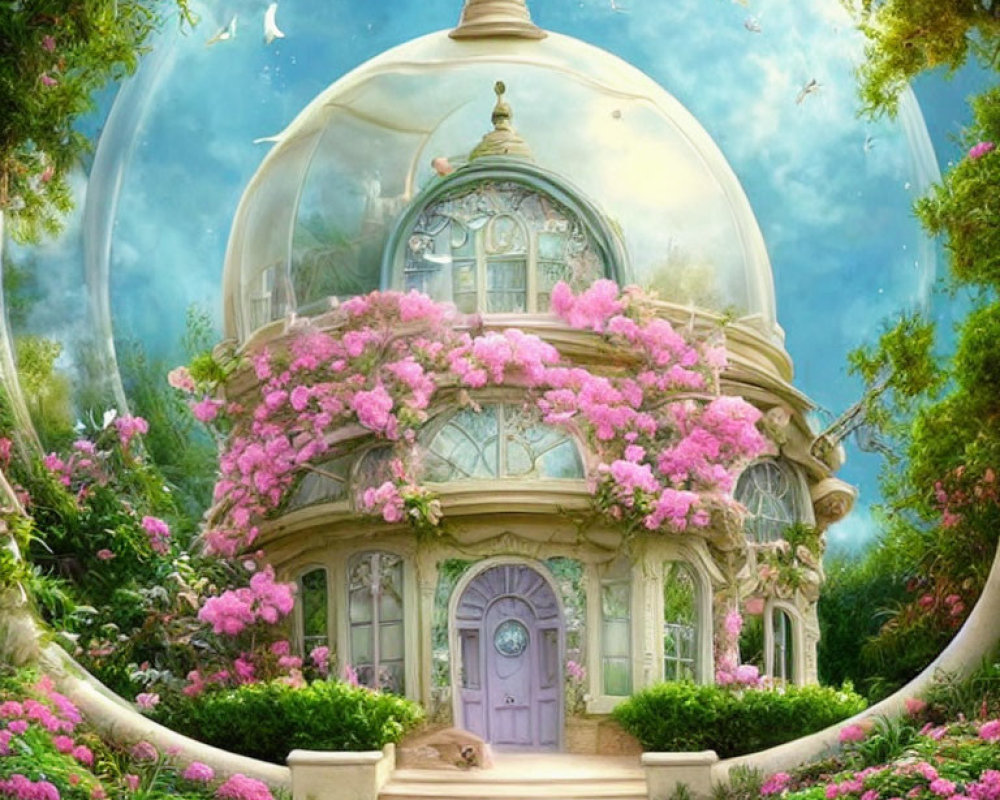 Glass-domed building in lush greenery with pink flowers under blue skies