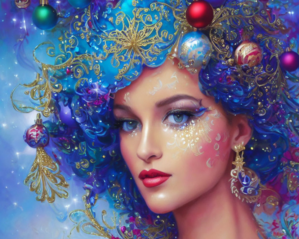 Fantastical Image: Woman with Blue Hair and Christmas Ornaments in Magical Setting