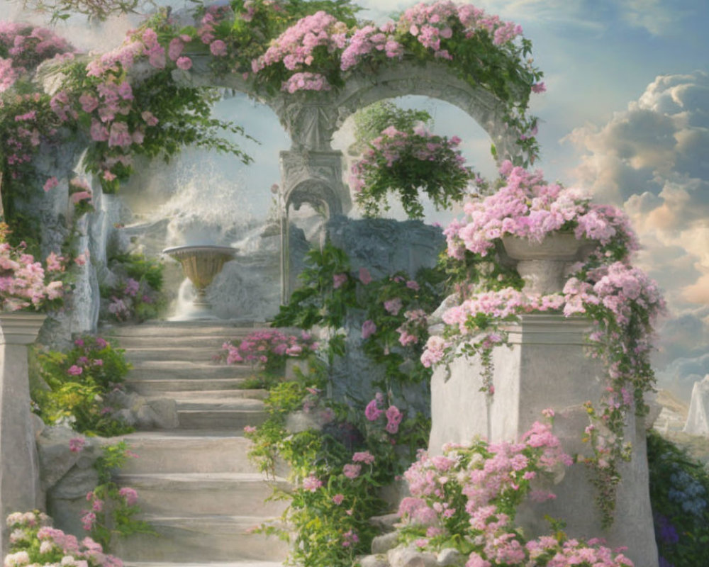 Tranquil garden scene with stone steps, pink blossoms, fountain, and cloudy sky