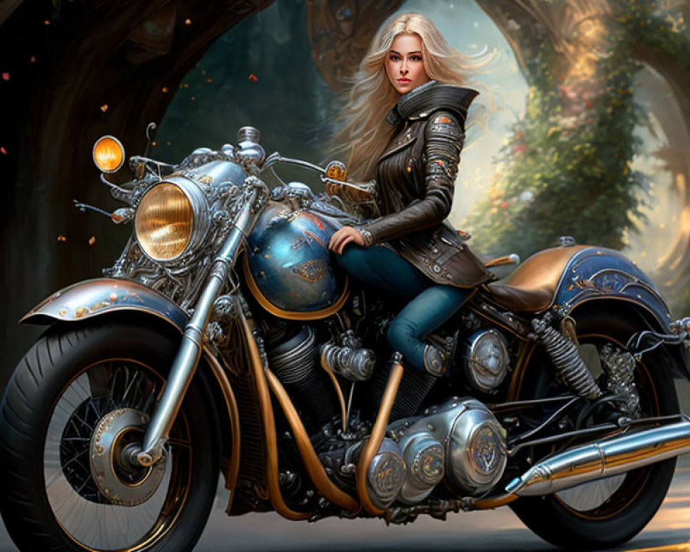 Blonde woman in black leather outfit on classic motorcycle in mystical forest entrance